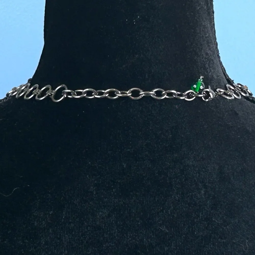 Beautifully Detailed Antique Pewter w/ Mauve Pink‎ & Green Glass Beads Necklace
